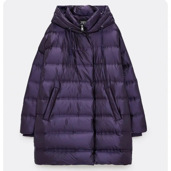 Zara water repellent down filled purple quilted coat with hood Size XL NWT - Picture 2 of 16